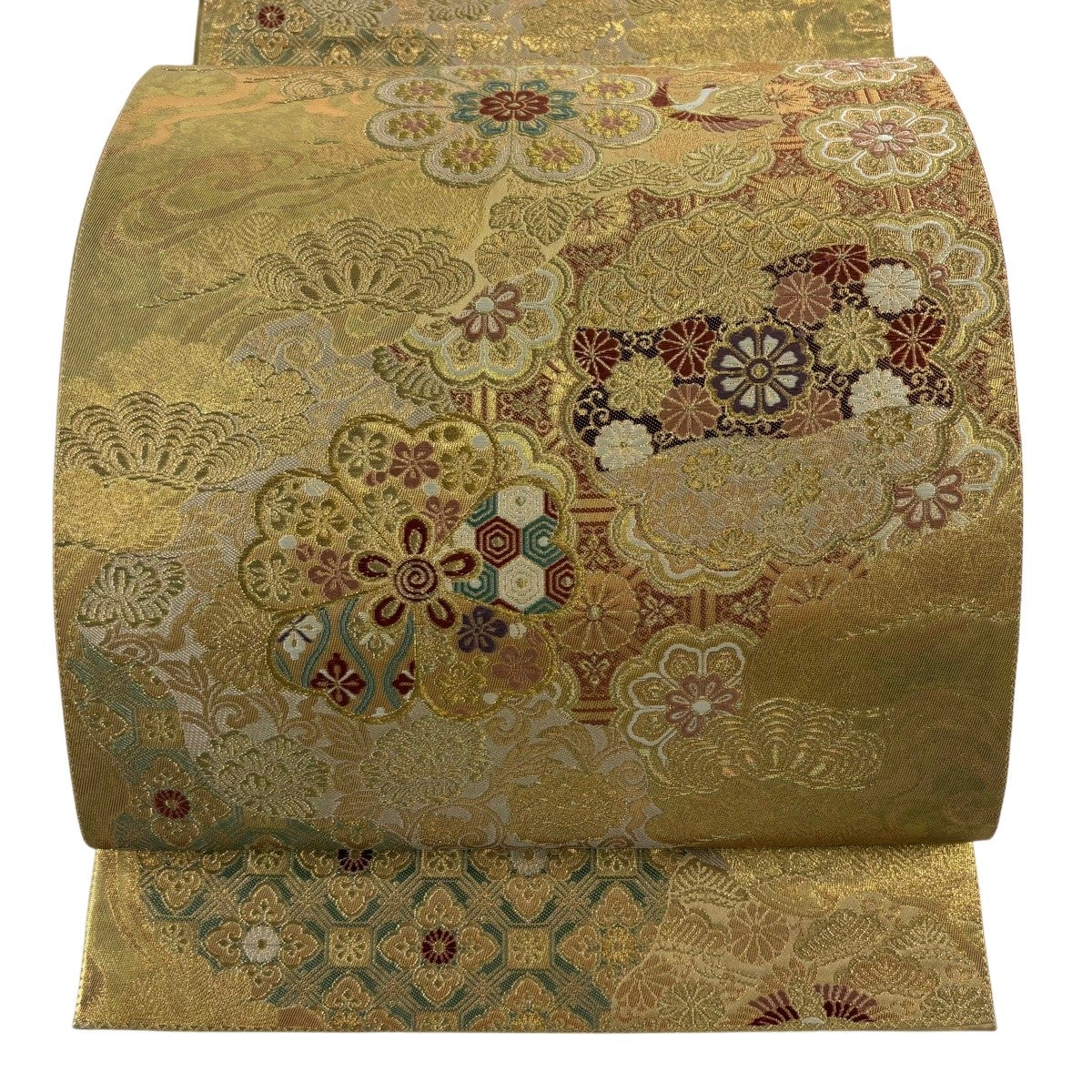 美品】 袋帯 秀品 華文 花鳥 金糸 箔 灰色 六通 正絹｜中古・古着