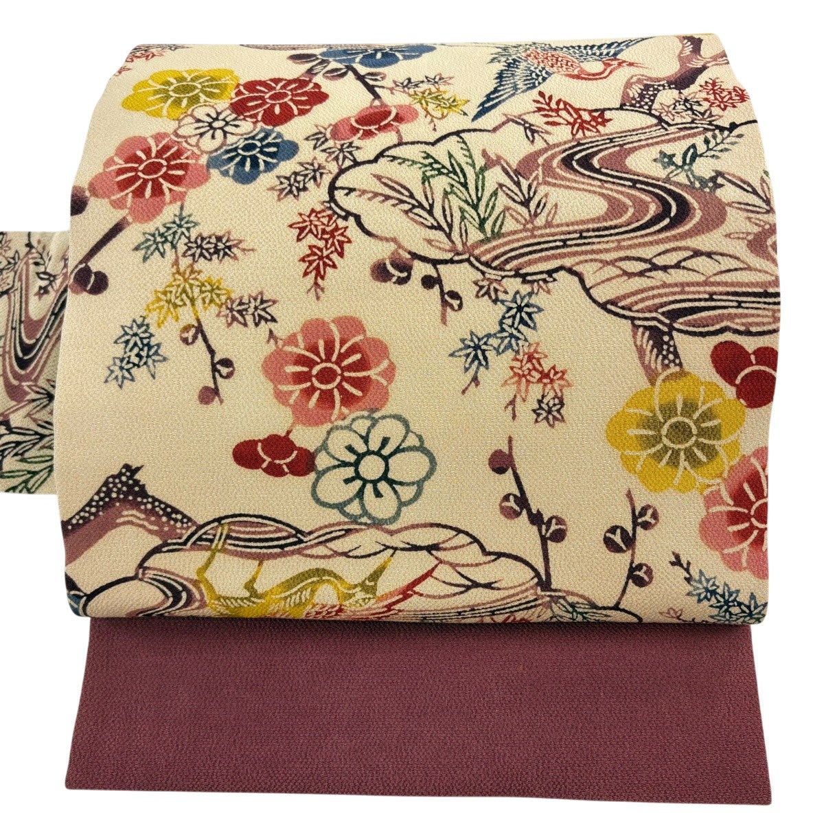 名古屋帯 秀品 鳥 枝花 縮緬 ベージュ 正絹｜中古・古着・リサイクル