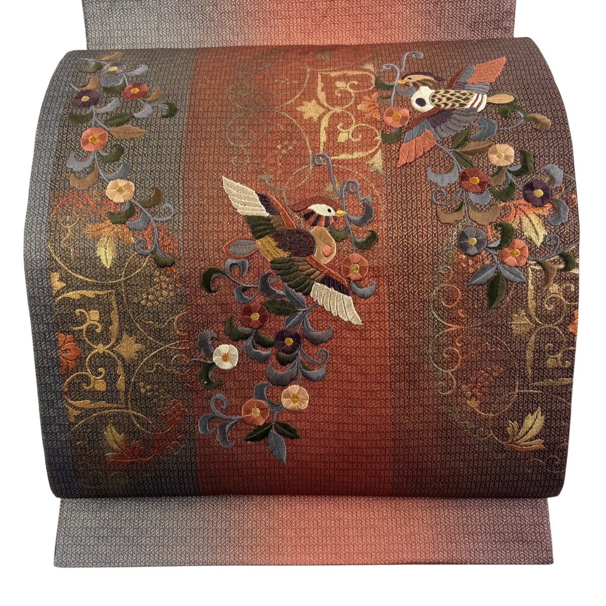 袋帯 秀品 鳥 花唐草 金糸 刺繍 赤茶 お太鼓柄 正絹｜中古・古着