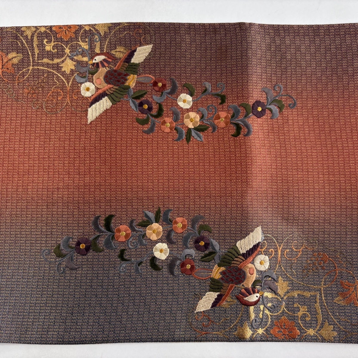 袋帯 秀品 鳥 花唐草 金糸 刺繍 赤茶 お太鼓柄 正絹｜中古・古着