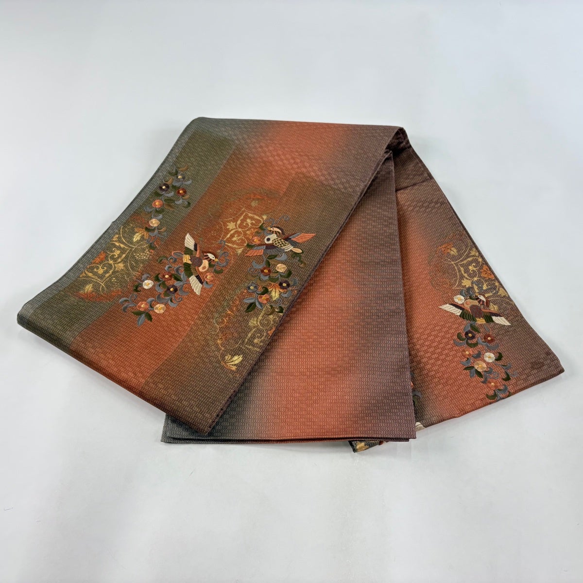袋帯 秀品 鳥 花唐草 金糸 刺繍 赤茶 お太鼓柄 正絹｜中古・古着
