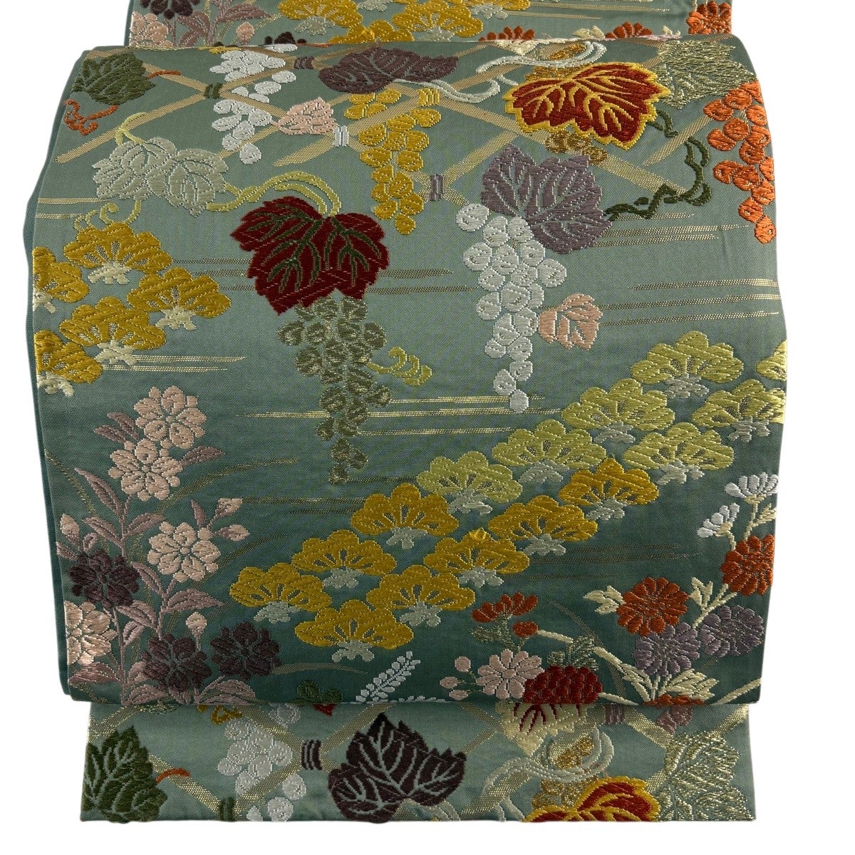 美品】 開き名古屋帯 秀品 葡萄 金糸 金彩 灰緑 正絹｜中古・古着