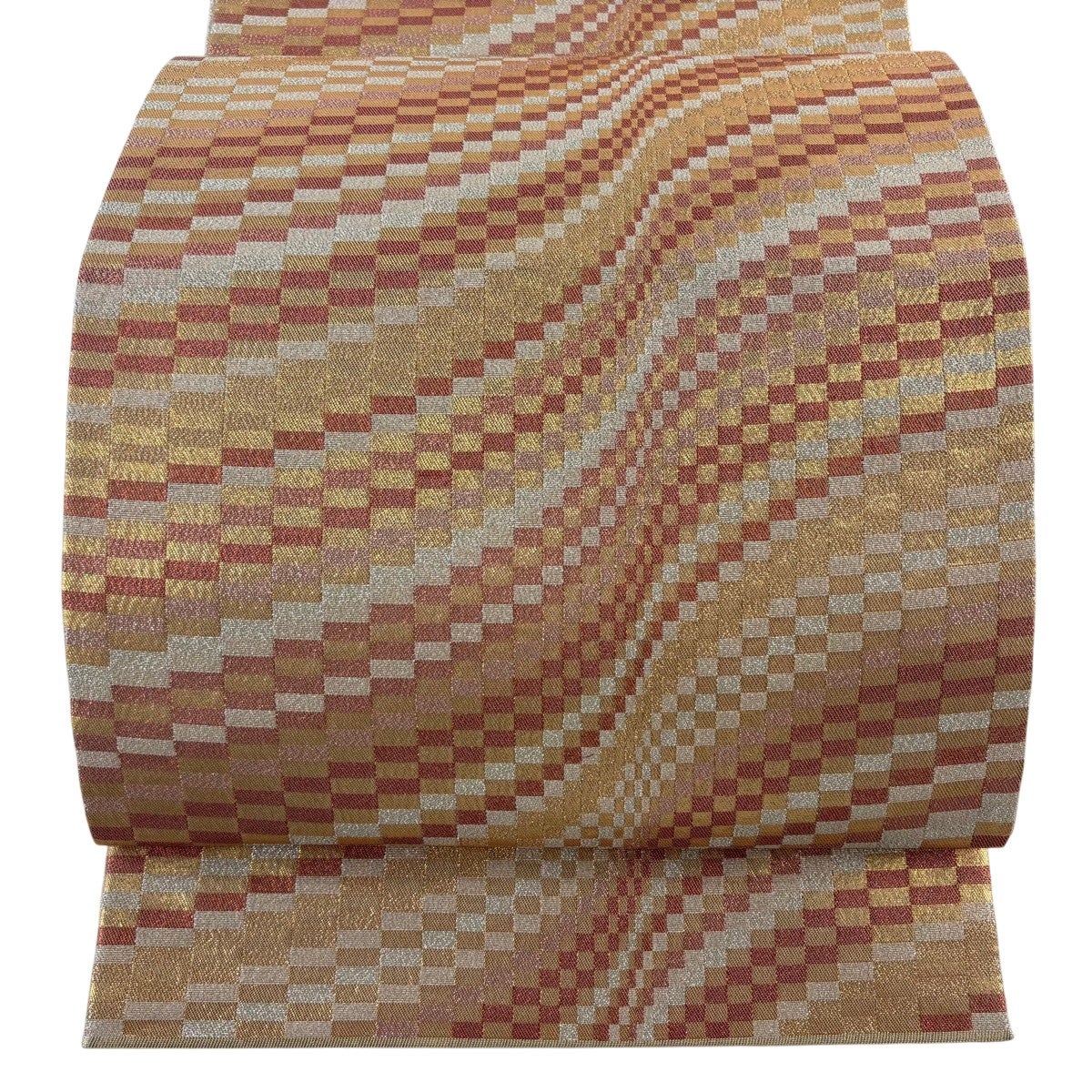 K中古美品 袋帯 唐花模様 薄ベージュ×こげ茶■N80722-27 袋帯 秀品 夏帯 花筏 草花 箔 唐織 ベージュ 六通 正絹｜中古・古着