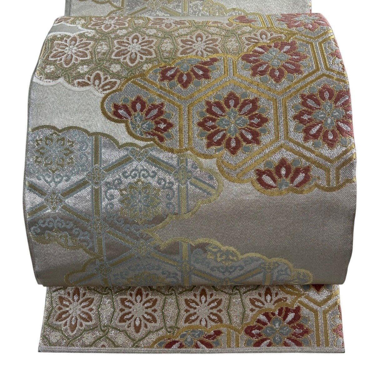 美品】 袋帯 秀品 川島織物 落款あり 扇面 秋草 金銀糸 灰色 六通 正絹