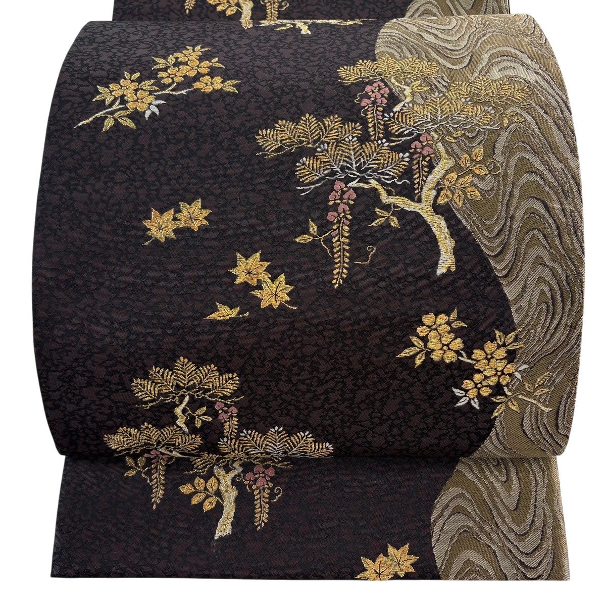 【中古美品】 高級 正絹 本金宝寿 六通 袋帯 御所車 美品】 袋帯 秀品 若松 藤 金糸 焦茶色 六通 正絹｜中古・古着