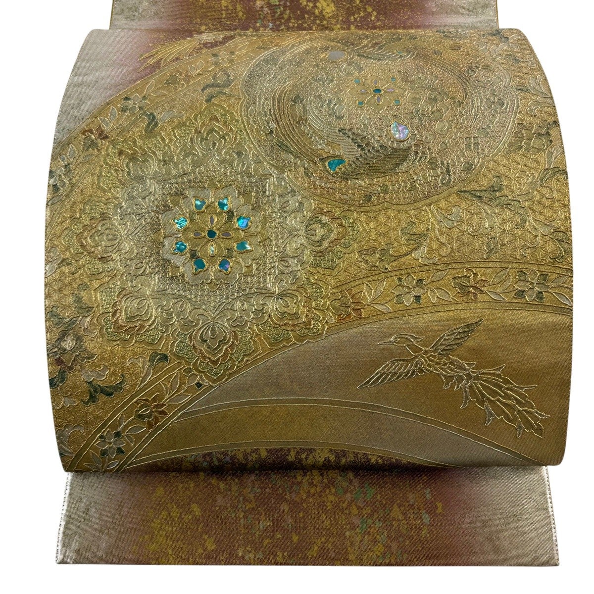 袋帯 秀品 鏡裏文 鳳凰 金彩 螺鈿箔 灰緑 お太鼓柄 正絹｜中古・古着