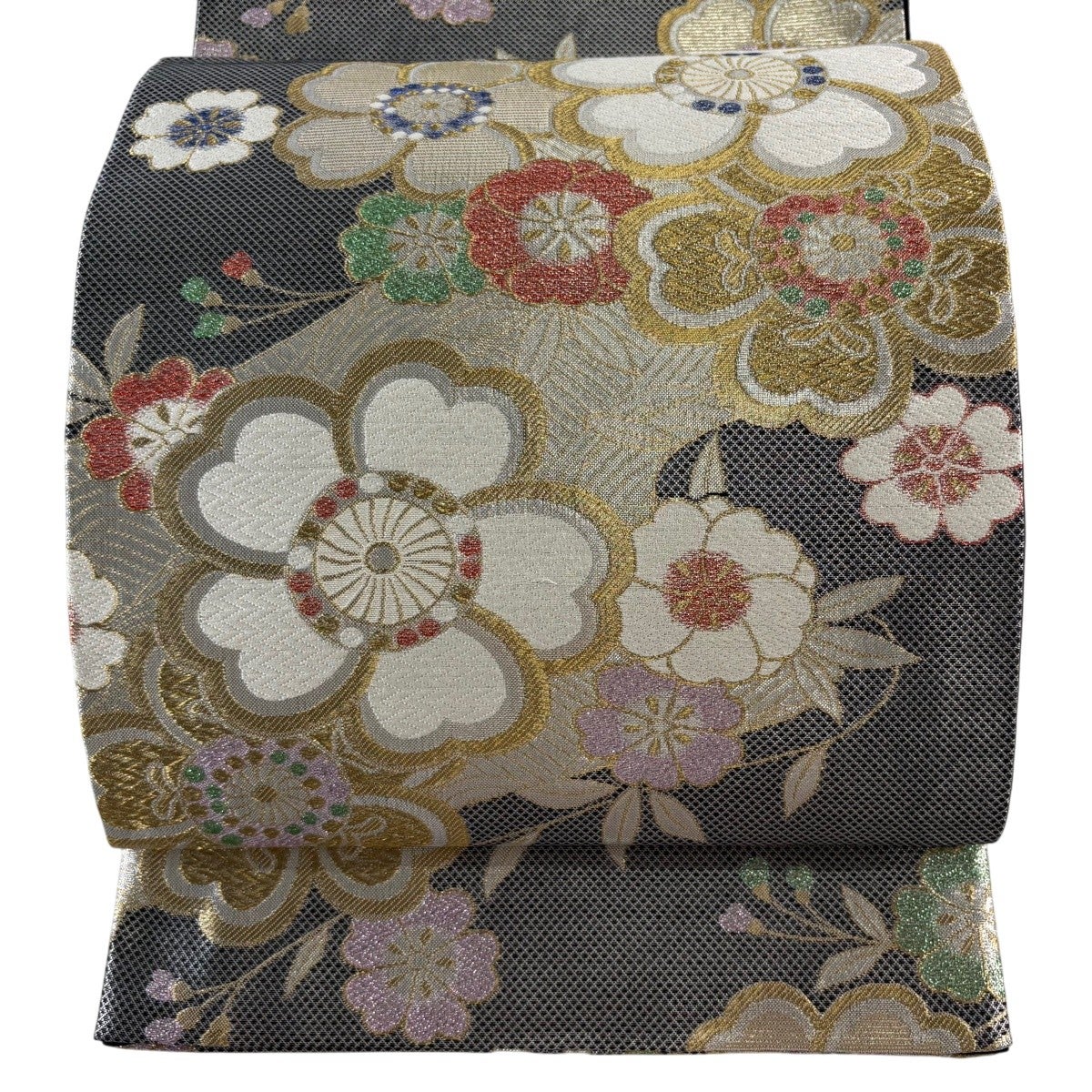 美品 袋帯 中国三大刺繍 六通柄 袋帯 美品 名品 華文 草花 刺繍 箔 水色 六通 正絹 【中古】 袋帯 六通