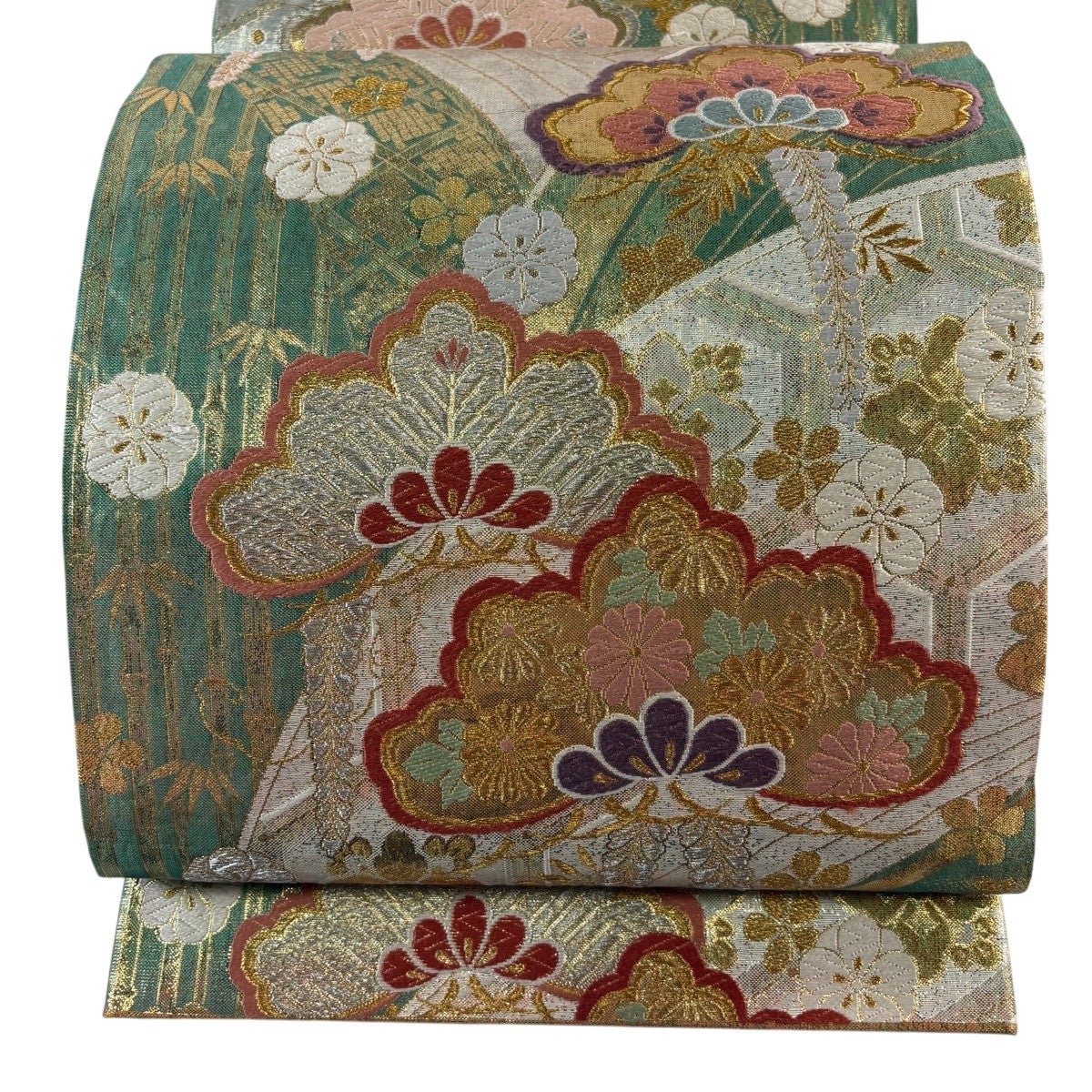 美品】 袋帯 秀品 松 桜 金銀糸 箔 薄緑 六通 正絹｜中古・古着