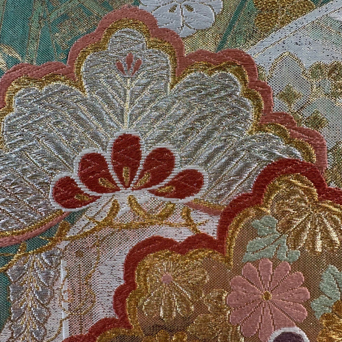 美品】 袋帯 秀品 松 桜 金銀糸 箔 薄緑 六通 正絹｜中古・古着