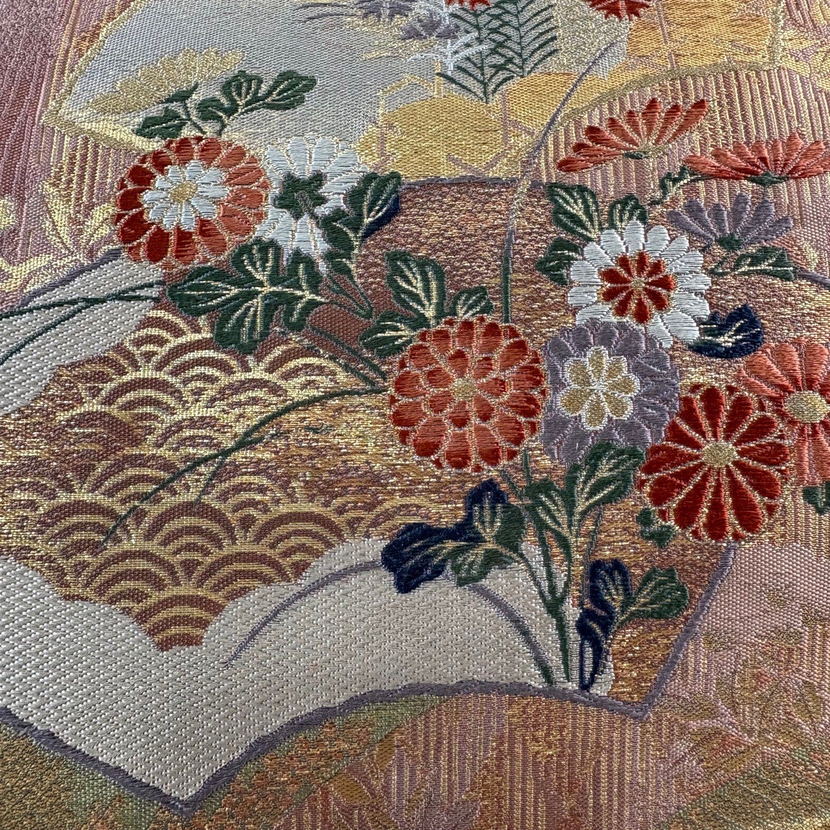 美品】 袋帯 秀品 扇面 秋草 箔 金糸 薄小豆 六通 正絹｜中古・古着