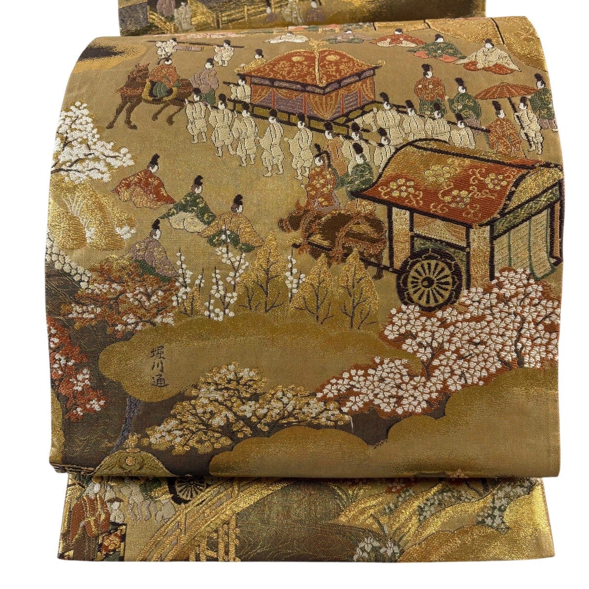 袋帯 秀品 枝梅 風景 金糸 箔 金色 お太鼓柄 正絹｜中古・古着