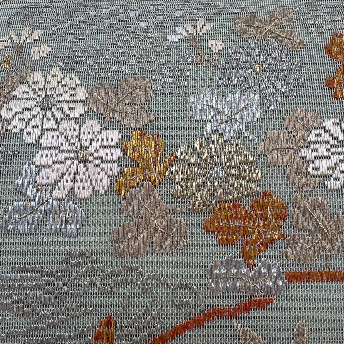 袋帯 秀品 夏帯 絽 菊 舟 箔 金銀糸 薄緑 お太鼓柄 正絹｜中古・古着