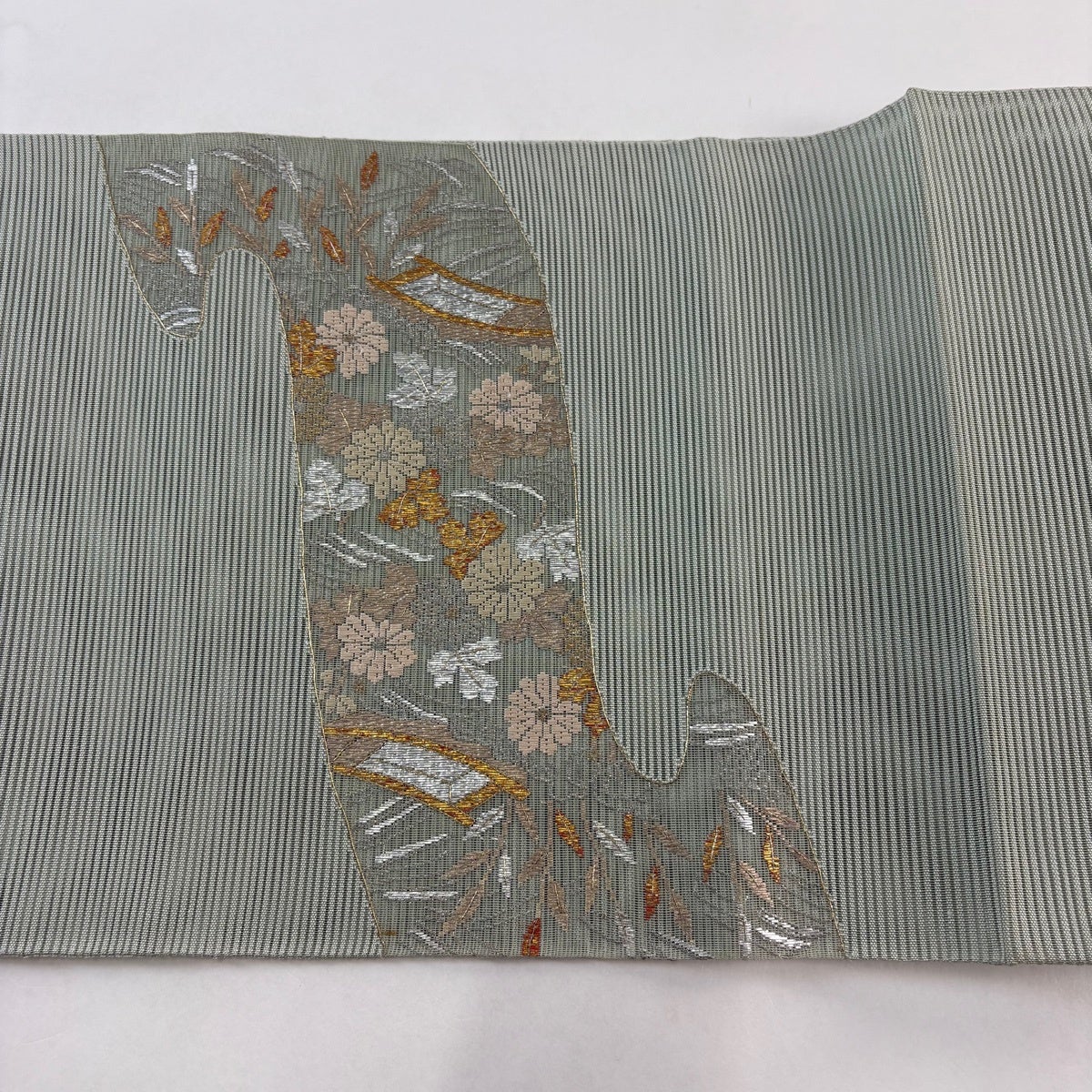 袋帯 秀品 夏帯 絽 菊 舟 箔 金銀糸 薄緑 お太鼓柄 正絹｜中古・古着