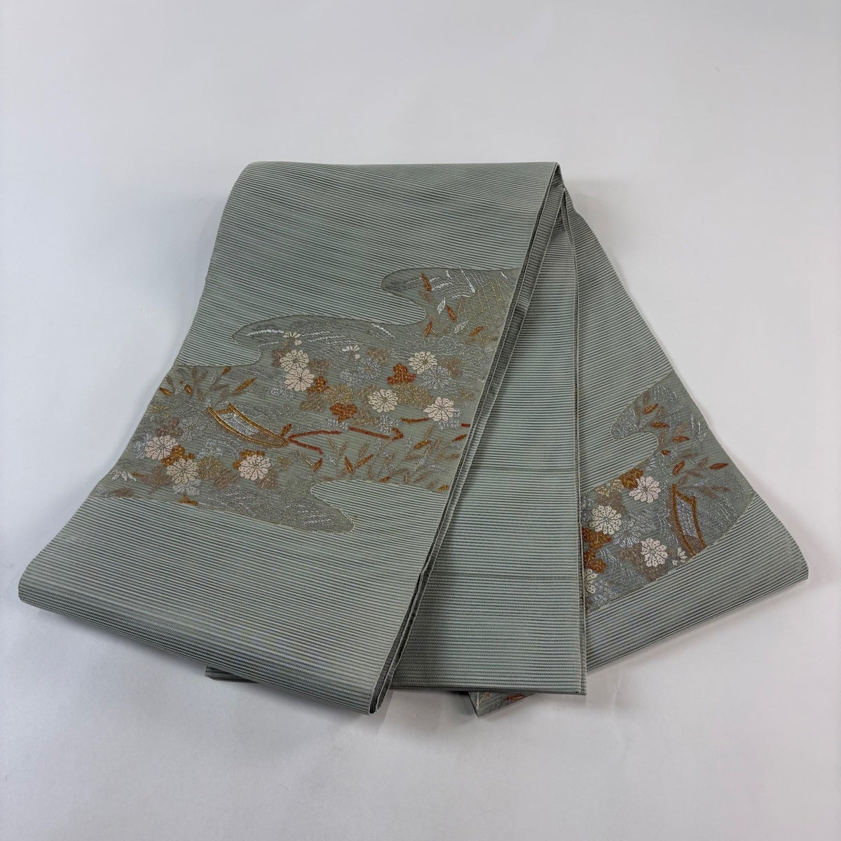袋帯 秀品 夏帯 絽 菊 舟 箔 金銀糸 薄緑 お太鼓柄 正絹｜中古・古着