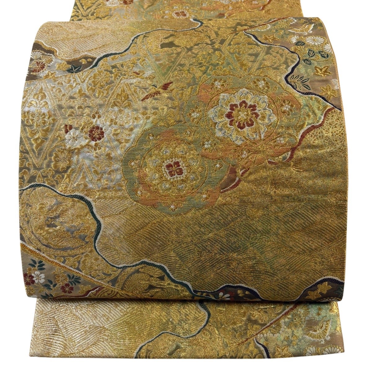 袋帯 美品 秀品 貴彩金 扇面 花唐草 箔 緑 六通 正絹 【