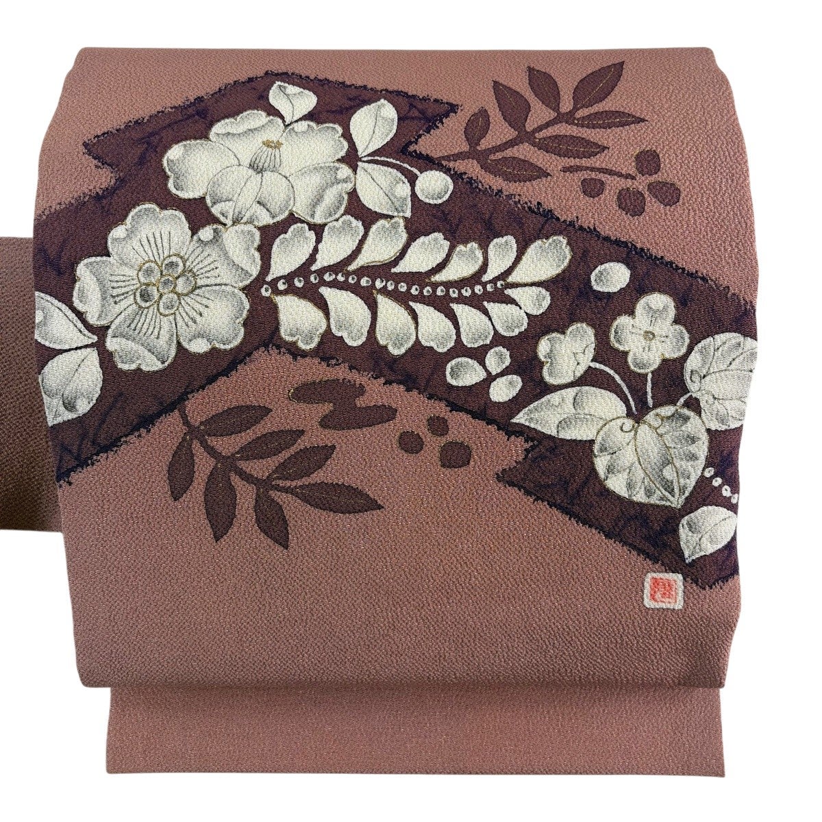 名古屋帯 秀品 落款あり 草花 金彩 縮緬 小豆色 正絹｜中古・古着