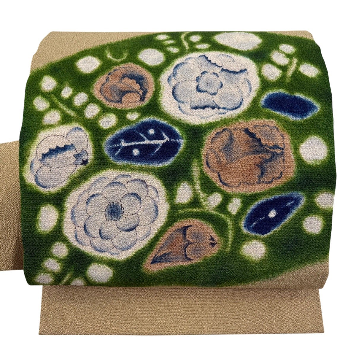 美品】 名古屋帯 秀品 辻が花柄 縮緬 よもぎ色 正絹｜中古・古着