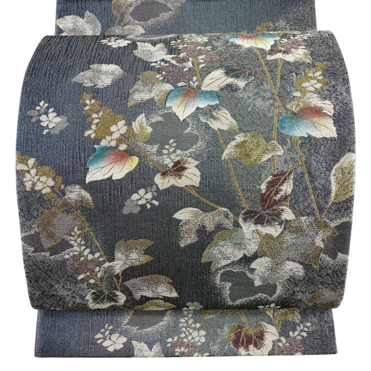 美品】 袋帯 秀品 花菱 菊唐草 金銀糸 唐織 灰色 六通 正絹｜中古