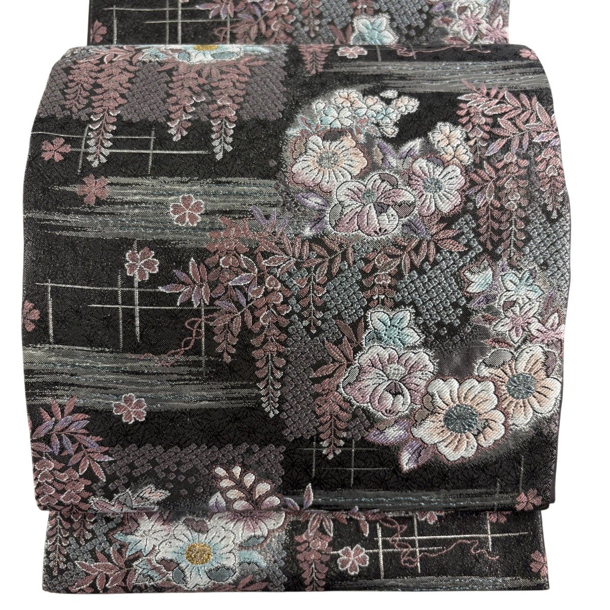 美品】 袋帯 秀品 やまと 草花 霞 箔 金銀糸 墨色 六通 正絹｜中古