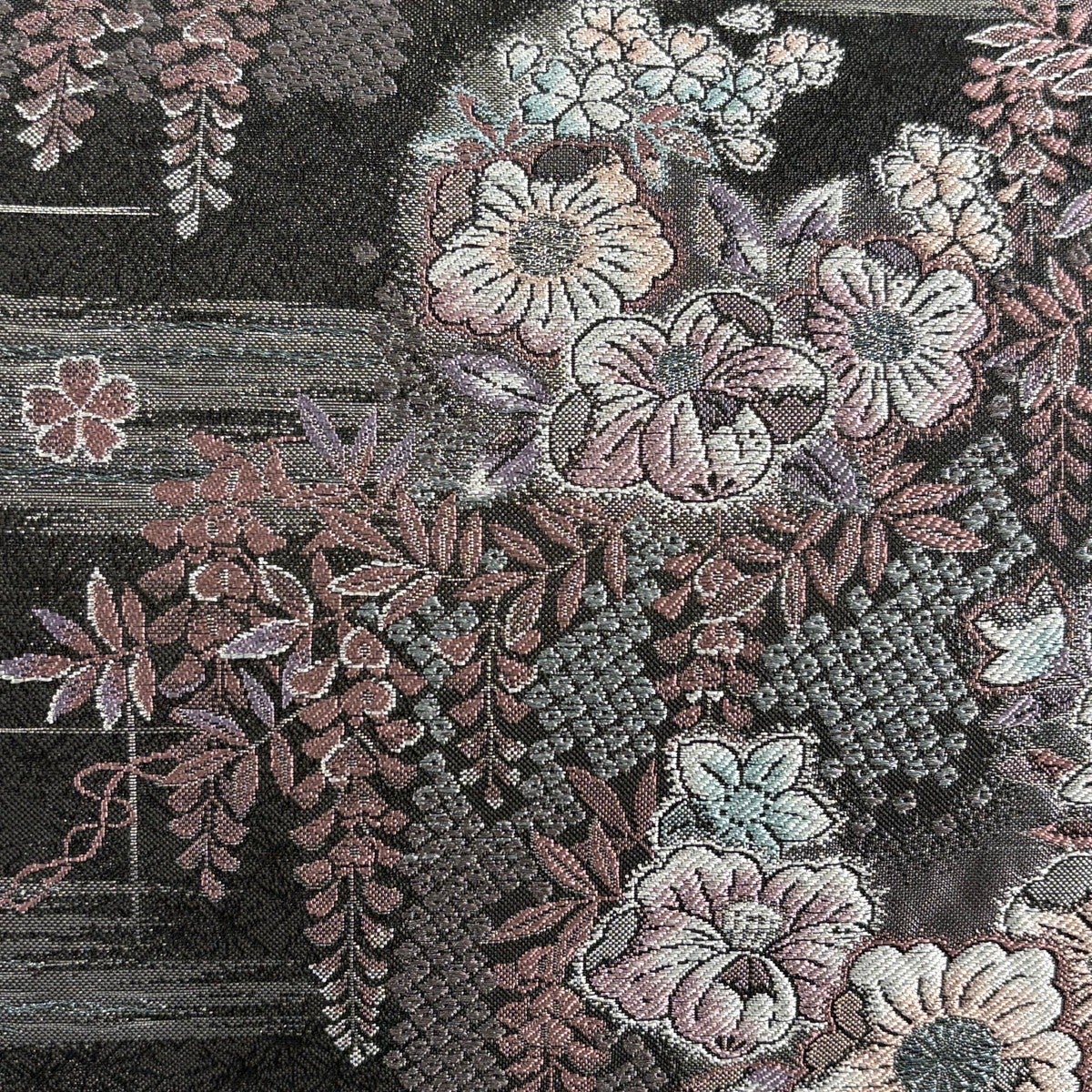 美品】 袋帯 秀品 やまと 草花 霞 箔 金銀糸 墨色 六通 正絹｜中古