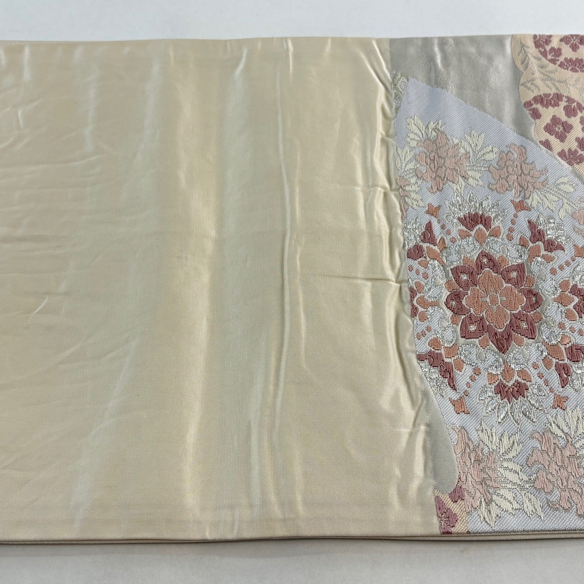 袋帯 秀品 関西仕立て 華文 草花 唐織 金銀糸 灰白 六通 正絹｜中古
