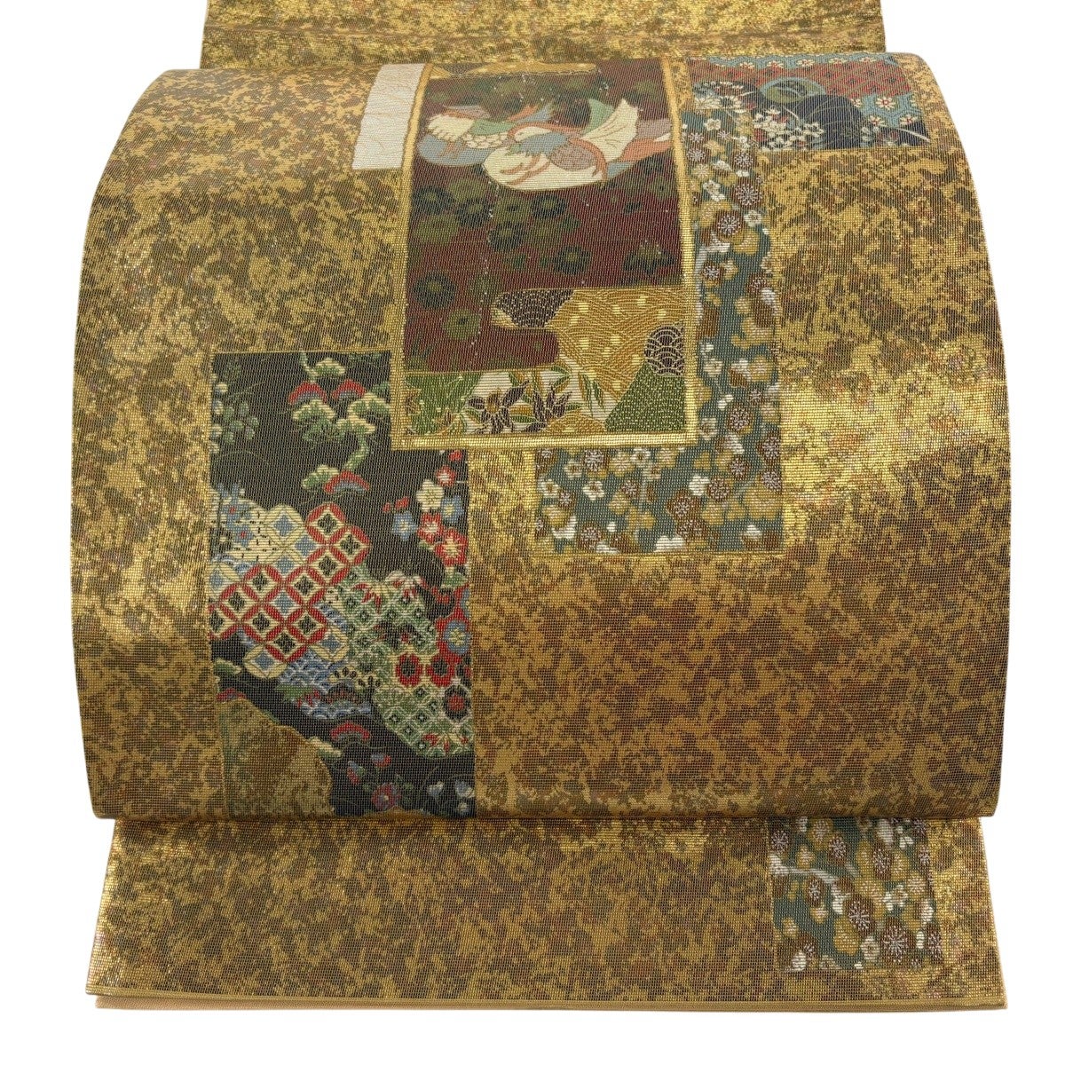 袋帯 秀品 螺鈿織 短冊 花鳥 箔 金彩 金色 お太鼓柄 正絹｜中古・古着
