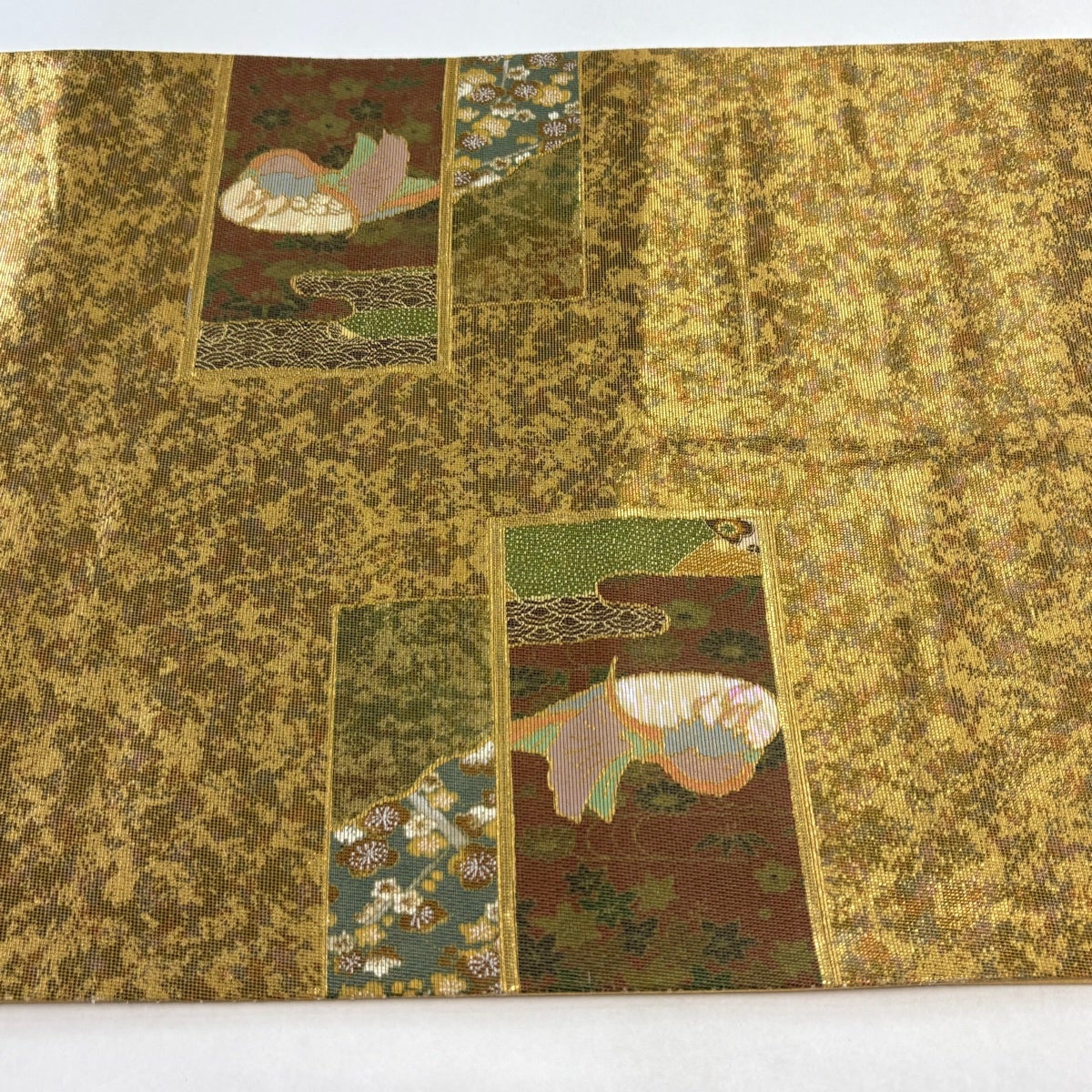 袋帯 秀品 螺鈿織 短冊 花鳥 箔 金彩 金色 お太鼓柄 正絹｜中古・古着