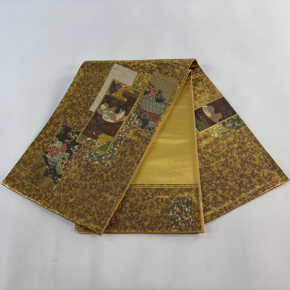 袋帯 秀品 螺鈿織 短冊 花鳥 箔 金彩 金色 お太鼓柄 正絹｜中古・古着