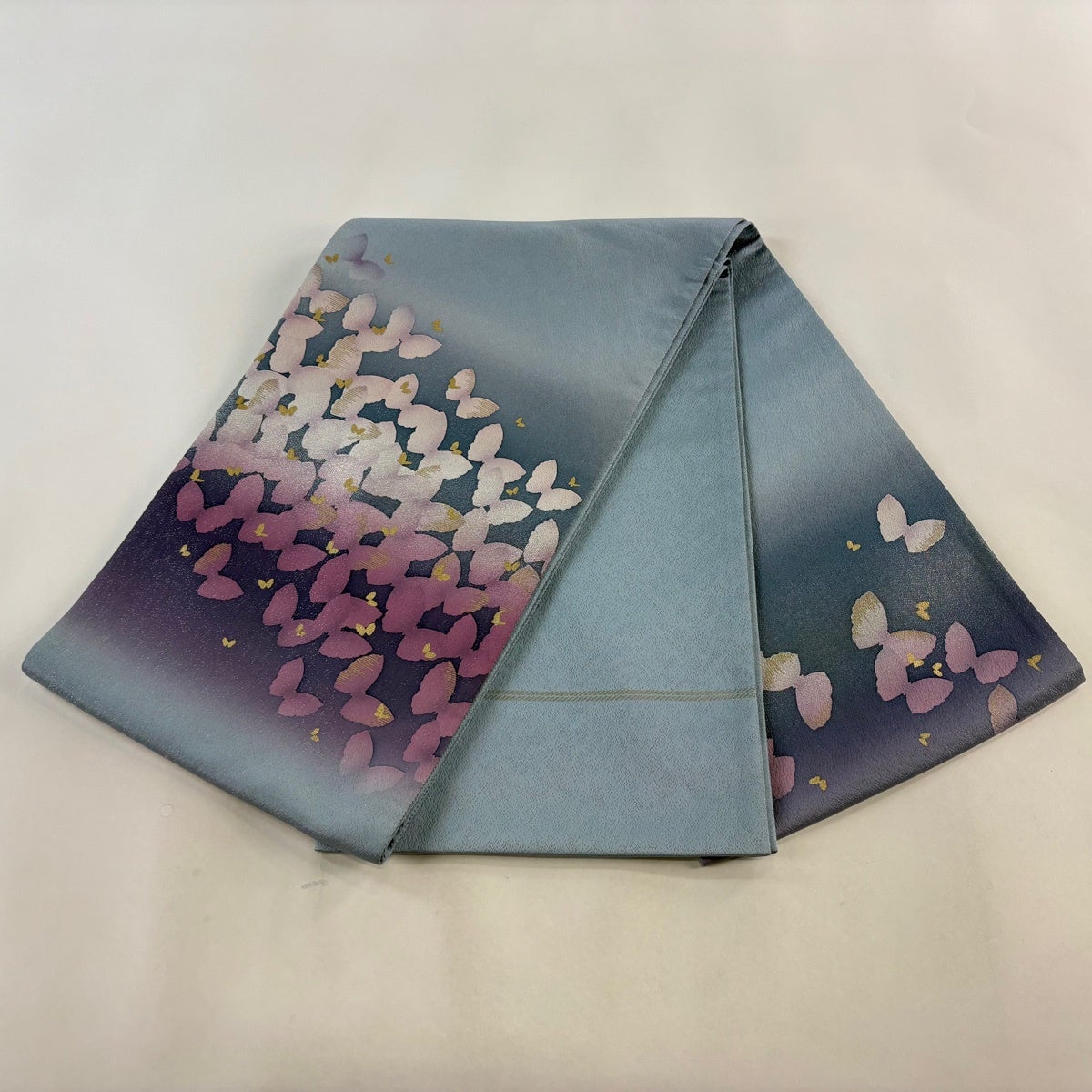 袋帯 秀品 蝶 霞 銀糸 金彩 水色 お太鼓柄 正絹｜中古・古着