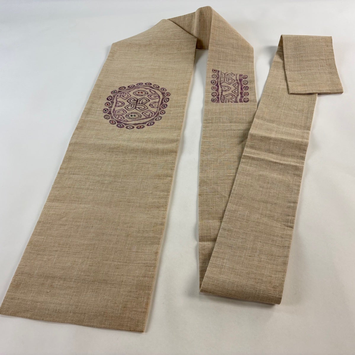 美品】 名古屋帯 秀品 紬地 幾何学 金糸 ベージュ 正絹｜中古・古着