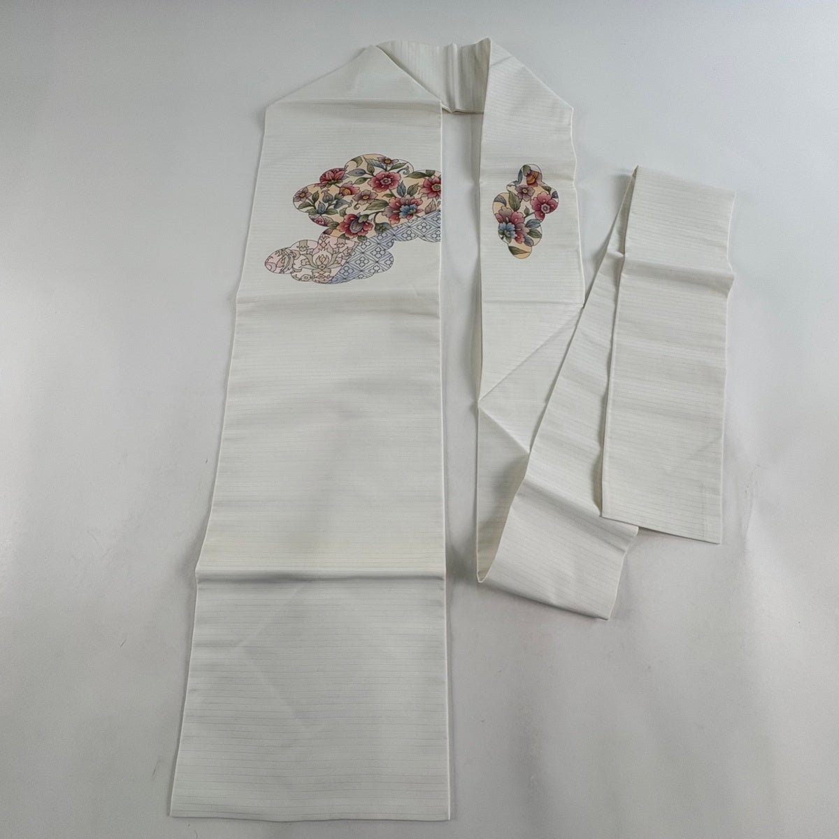 夏物　名古屋帯　正絹　絽　中古　オフホワイト　萩　カジュアル　【mm374】 美品】 名古屋帯 秀品 夏帯 絽 草花 雲文 ぼかし 白 正絹｜中古・古着