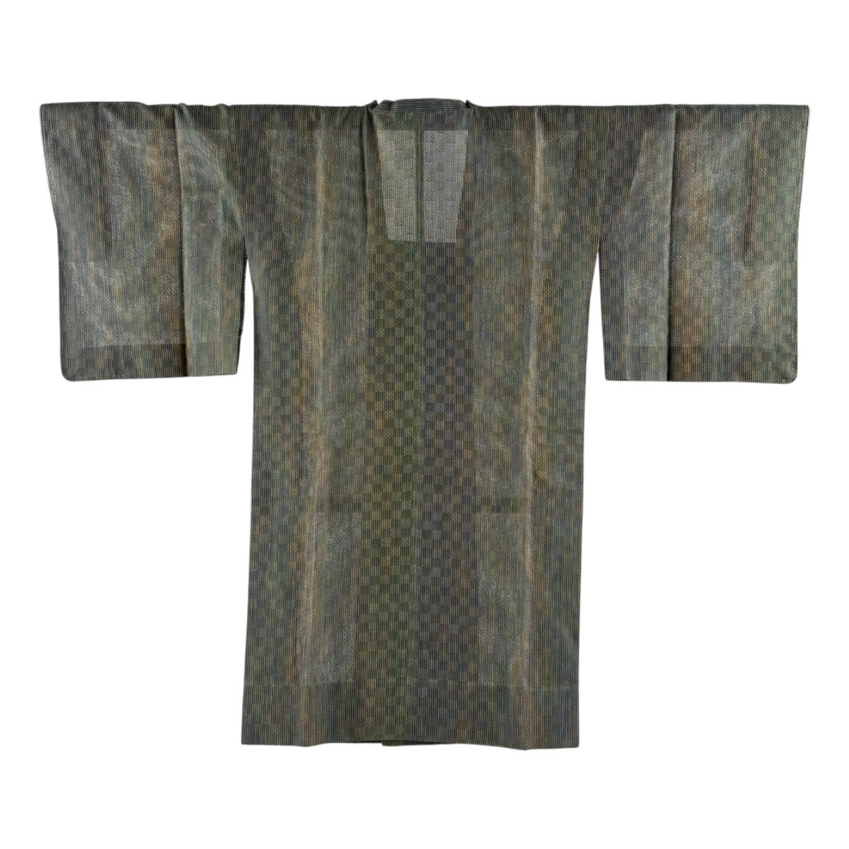美品】 道行 身丈105cm 裄丈64.5cm M 和装コート 角衿 市松 縞 灰緑