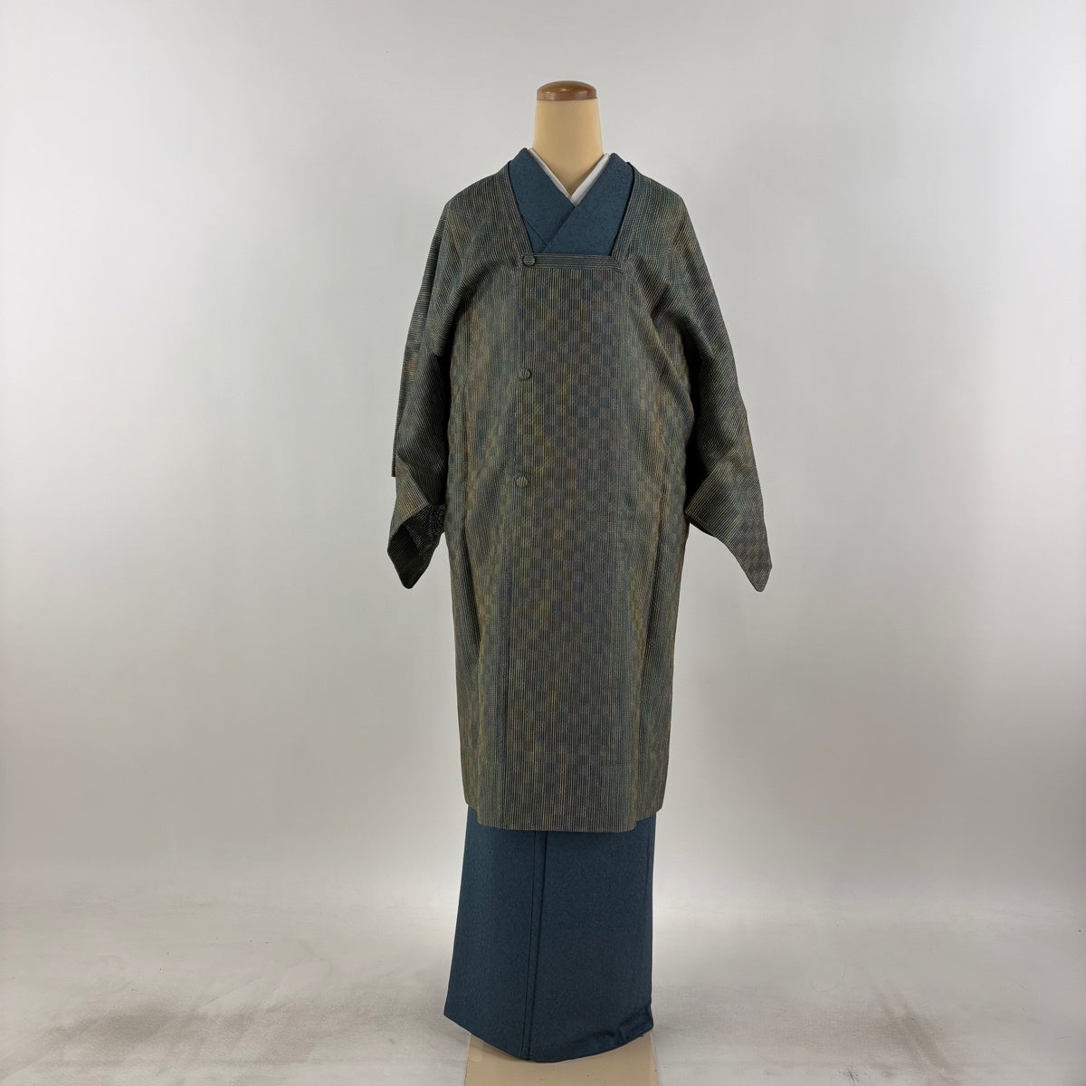 美品】 道行 身丈105cm 裄丈64.5cm M 和装コート 角衿 市松 縞 灰緑