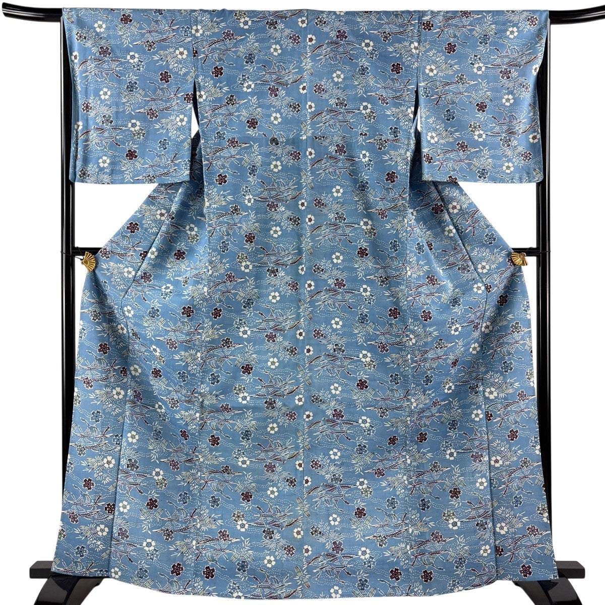 小紋 身丈165.5cm 裄丈66cm M 単衣 紬地 鳥 桜 青灰色 正絹 名品｜中古