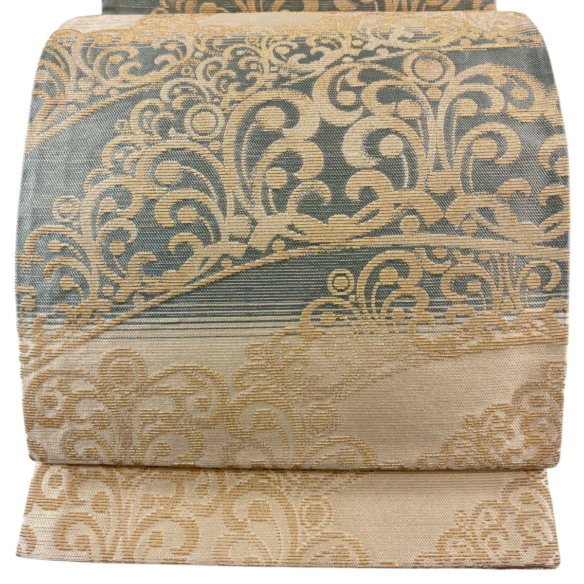 美品】 袋帯 名品 証紙あり 唐草 段縞 金糸 ベージュ 全通 正絹｜中古