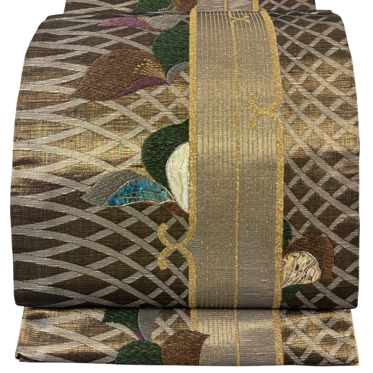 袋帯 名品 草花 幾何学 螺鈿 金彩 茶緑色 お太鼓柄 正絹｜中古・古着