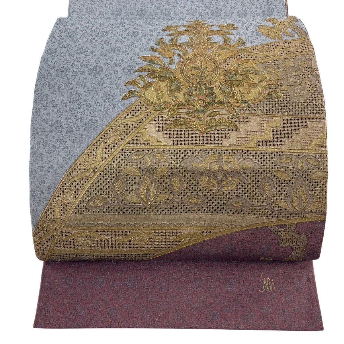R8SK279 袋帯 螺鈿細工 蝶文 草花 花唐草 豪華 メタリック 六通柄 袋帯 名品 花唐草 草花 螺鈿 金彩 灰色 お太鼓柄 正絹｜中古・古着