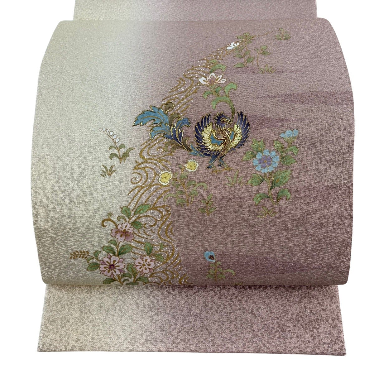 【未使用品】袋帯　ピンク真珠　螺鈿金彩　鳳凰　唐花　深緑　お太鼓柄 美品】 袋帯 名品 鳳凰 草花 螺鈿 金彩 ピンク お太鼓柄 正絹｜中古