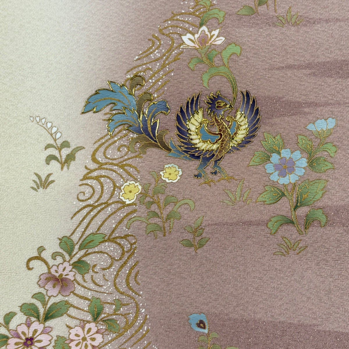 【未使用品】袋帯　ピンク真珠　螺鈿金彩　鳳凰　唐花　深緑　お太鼓柄 美品】 袋帯 名品 鳳凰 草花 螺鈿 金彩 ピンク お太鼓柄 正絹｜中古