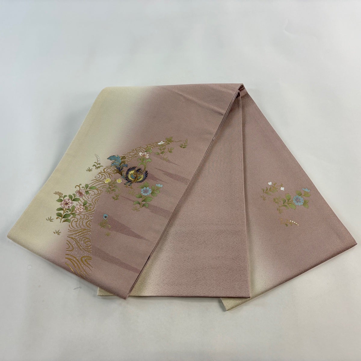 【未使用品】袋帯　ピンク真珠　螺鈿金彩　鳳凰　唐花　深緑　お太鼓柄 美品】 袋帯 名品 鳳凰 草花 螺鈿 金彩 ピンク お太鼓柄 正絹｜中古
