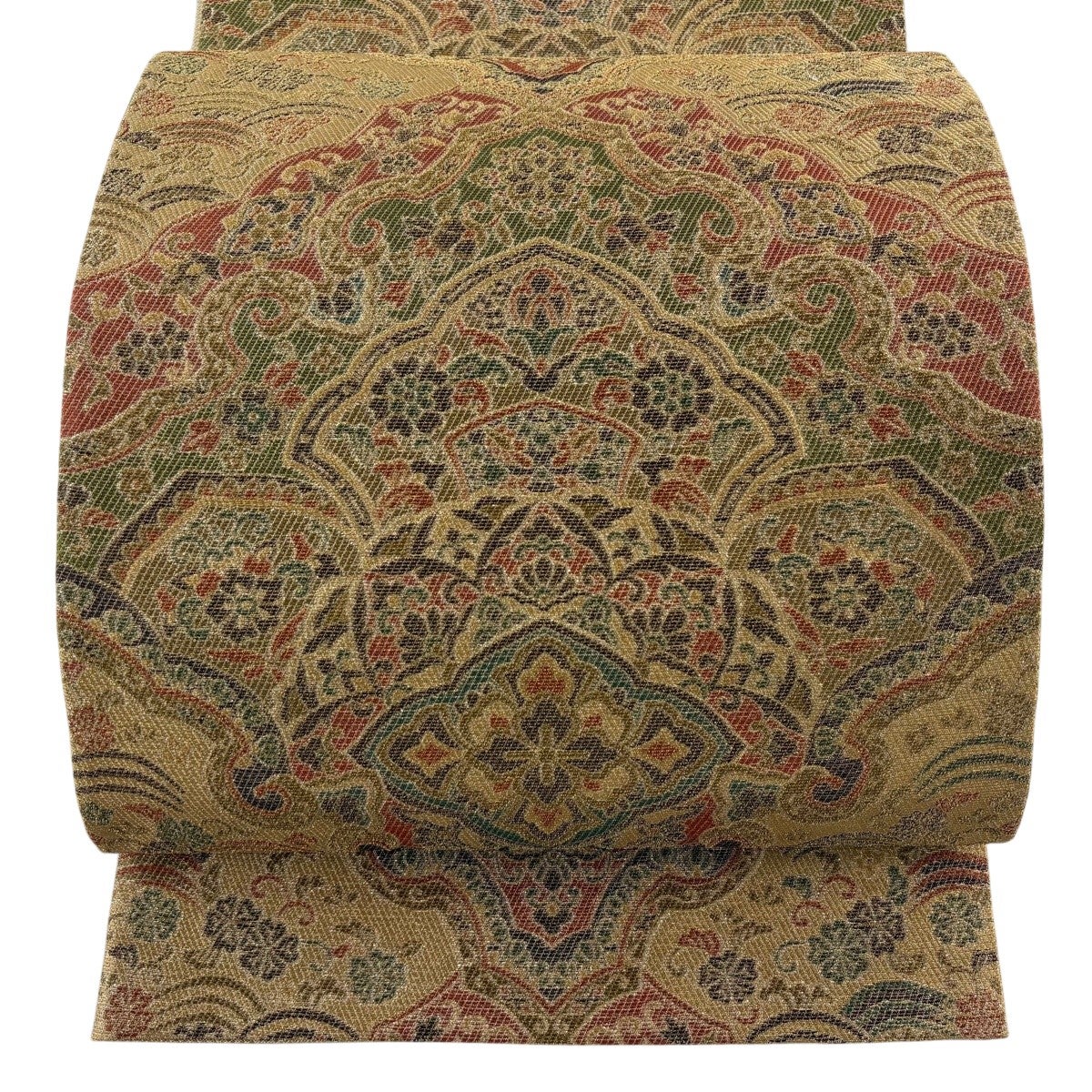 美品】 袋帯 名品 華文 花唐草 金糸 ベージュ 六通 正絹｜中古・古着