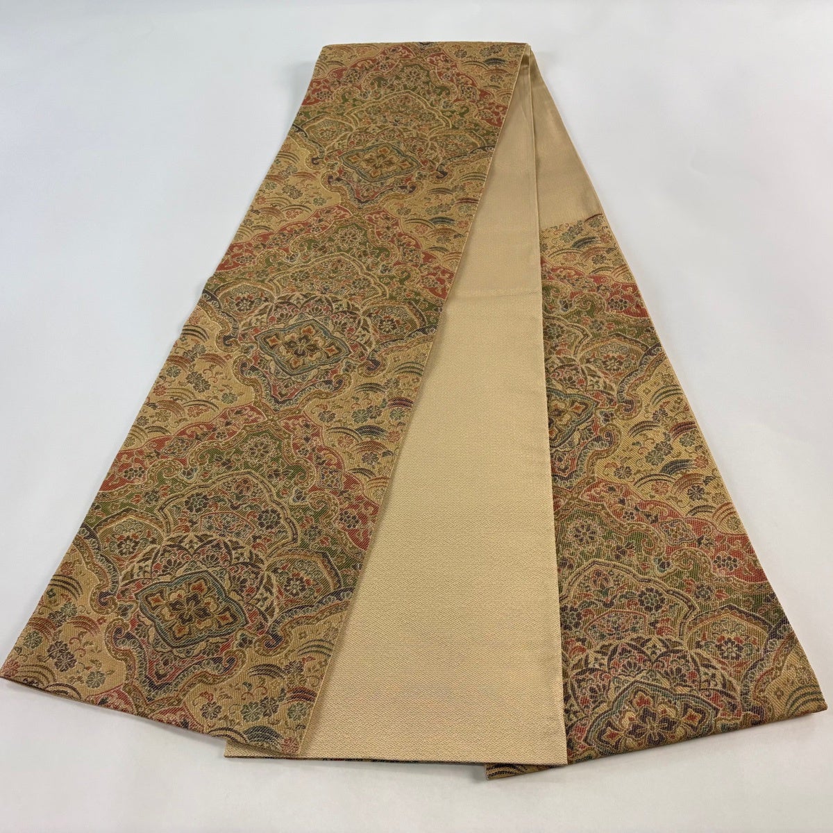 美品】 袋帯 名品 華文 花唐草 金糸 ベージュ 六通 正絹｜中古・古着