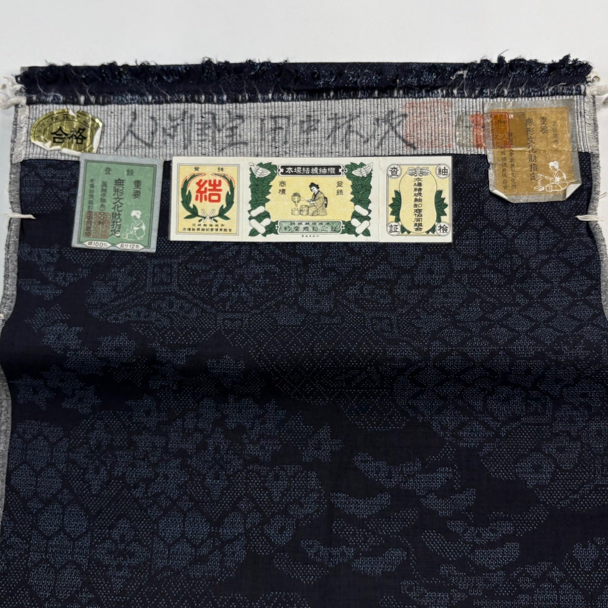 反物 逸品 本場結城紬 証紙有 落款有 田中林次 草花 雲文 濃紺 正絹