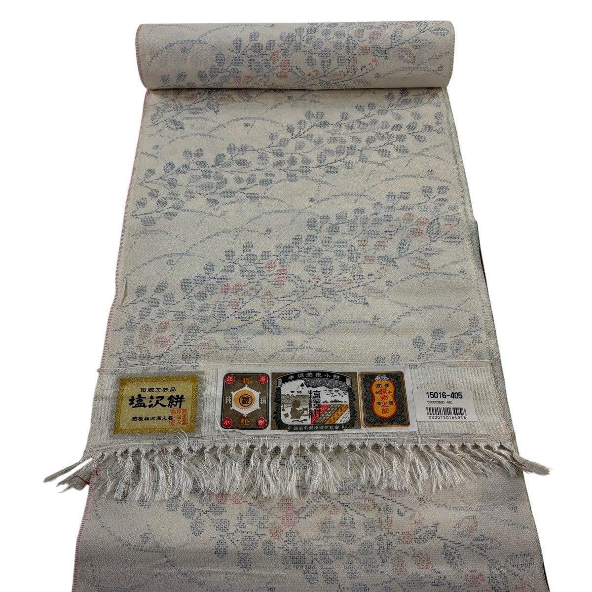 反物 逸品 塩沢紬 証紙有 塩沢絣 葉柄 クリーム 正絹｜中古・古着