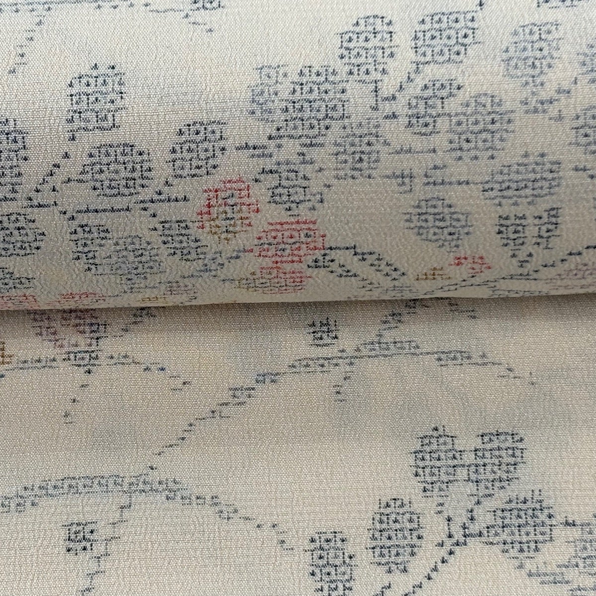反物 逸品 塩沢紬 証紙有 塩沢絣 葉柄 クリーム 正絹｜中古・古着