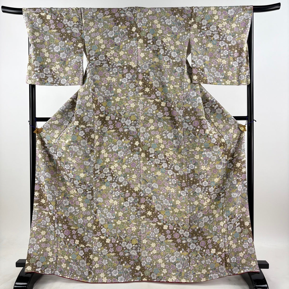 A*y様 小紋 セミアンティーク 大胆な染め パステルの暈し 正絹AK-8727 美品】 小紋 身丈166cm 裄丈68.5cm L 袷 名古屋帯セット 草花 茶緑色