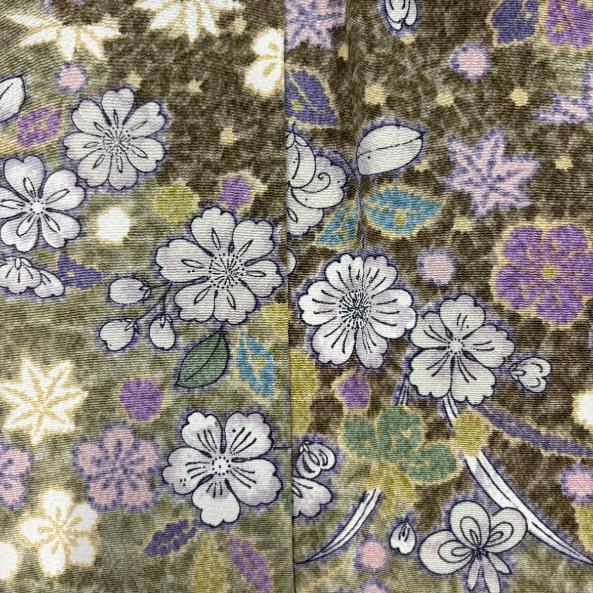 美品】 小紋 身丈166cm 裄丈68.5cm L 袷 名古屋帯セット 草花 茶緑色