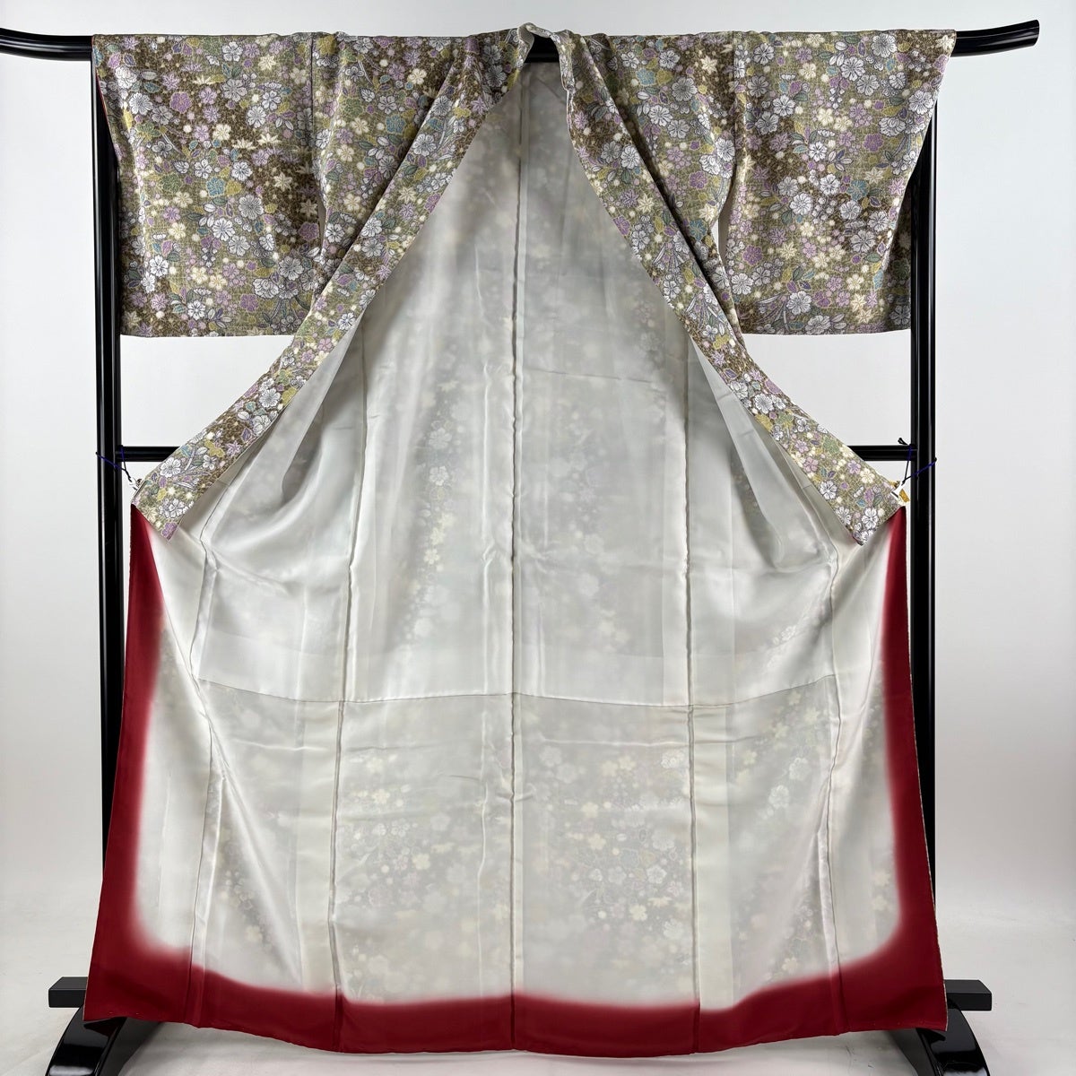 美品】 小紋 身丈166cm 裄丈68.5cm L 袷 名古屋帯セット 草花 茶緑色