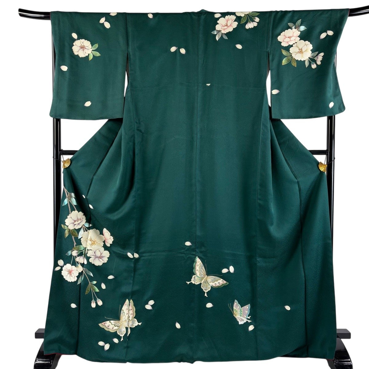 付下げ 身丈168.5cm 裄丈69.5cm L 袷 桜 蝶 金銀彩 緑 正絹 秀品｜中古