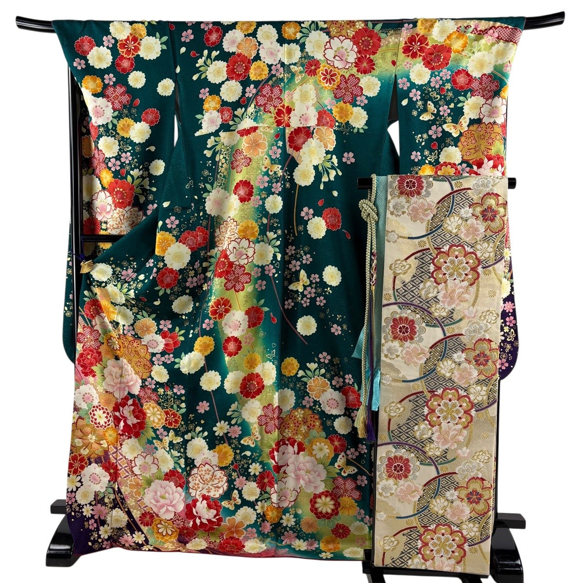 50%OFF 振袖 身丈168cm 裄丈67.5cm L 袷 袋帯フルセット 牡丹 霞 金彩